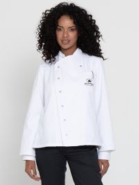 Weiße Damen Kochjacke mit tailliertem Schnitt, Langarm, Druckknöpfen und Taschen – ideal für Köchinnen in Hotel, Küche und Gastronomie