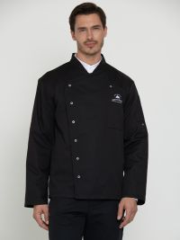 Schwarze Kochjacke Herren mit Langarm, Druckknöpfen, Taschen und Rückenfalte – ideal für Küche, Hotel und Gastronomie