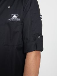 Schwarze Kochjacke Herren mit Langarm, Druckknöpfen, Taschen und Rückenfalte – ideal für Küche, Hotel und Gastronomie