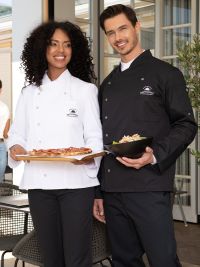 Schwarze Kochjacke Herren mit Langarm, Druckknöpfen, Taschen und Rückenfalte – ideal für Küche, Hotel und Gastronomie