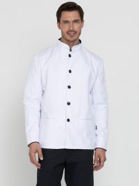 Herren-Servicejacke in Weiß mit schwarzem Kragen, Kontrastpaspeln und Knöpfen – ideal für Gastronomie, Bar oder Hotel