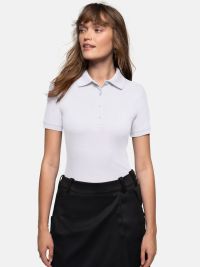 Poloshirt Damen Weiß mit femininer Passform, 4-Knopf-Leiste und Seitenschlitzen – ideal für Pflege, Praxis & Servicepersonal
