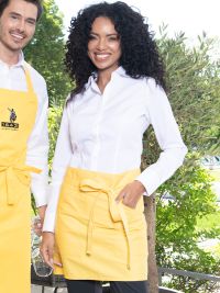 Kurze Kellnerschürze in Gelb mit breitem Bund und zwei Taschen – für Damen & Herren im Service, ideal zum Besticken mit Logo