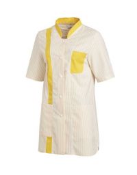 Arbeitskittel Damen mit Streifenmuster, Stehkragen in Kontrastfarbe und praktischen Taschen