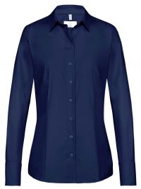 Damenbluse Dunkelblau Langarm mit Kentkragen und breiten Manschetten, leicht tailliert
