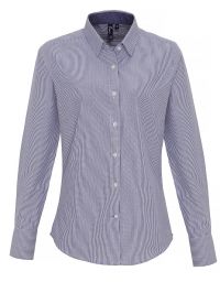Blau weiße Bluse Damen – Fein gestreifte Langarmbluse mit Hemdkragen und Manschetten, ideal für Business, Gastronomie und Hotellerie.