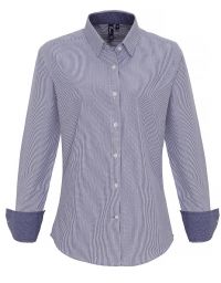 Blau weiße Bluse Damen – Fein gestreifte Langarmbluse mit Hemdkragen und Manschetten, ideal für Business, Gastronomie und Hotellerie.