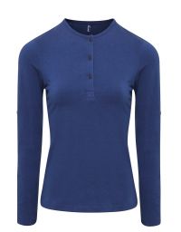 Henley Shirt Damen langarm in Blau mit Knopfleiste und krempelbaren Ärmeln – Bequemes Langarmshirt