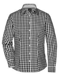 Damenbluse schwarz weiß kariert mit unifarbenen Einsätzen an Kragen und Manschetten, taillierter Schnitt