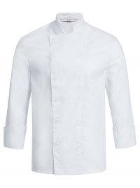 Greiff Kochjacke Herren Langarm in Weiß mit verdeckten Druckknöpfen, Armtasche und Lüftungslöchern – pflegeleichte Berufsbekleidung für Köche, Bäcker und Konditoren.