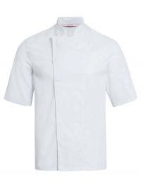 Weiße Kochjacke Herren Kurzarm mit Stehkragen und verdeckter Knopfleiste – ideal für Profis in Küche und Gastronomie