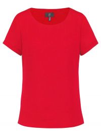Rote Damen-Chiffonbluse mit kurzem Arm, fließendem Stoff und modernem T-Shirt-Schnitt für Business und Service