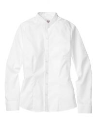 Weiße Bluse mit Stehkragen für Damen – Slim Fit, bügelfrei, industriewäschegeeignet, ideal für Gastronomie, Hotellerie und Service.