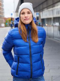 Blaue Winterjacke Damen – gesteppte, gefütterte Jacke mit Kapuze