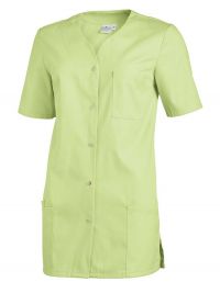 Hellgrüner Damenkasack mit kurzen Ärmeln, Druckknöpfen, Seitentaschen und Brusttasche