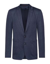 Herren Jersey Sakko Glencheck Dunkelblau – Regular Fit, sportlich-elegantes Sakko mit dezentem Glencheck-Muster, Zwei-Knopf-Verschluss, aufgesetzten Taschen und Seitenschlitzen, ideal für Business, Büro, Verkauf und Gastronomie