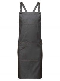 Graue Latzschürze in Denim-Optik mit verstellbarem Nackenband, aufgesetzten Taschen und Geschirrtuchschlaufe – ideal für Gastronomie, Service und Handwerk