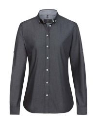 Jeansbluse Damen in Grau mit Button-Down-Kragen, Krempelärmeln und seitlichem Kontrasteinsatz – ideal für Gastronomie, Hotellerie und Freizeit.
