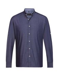 Herren Jeanshemd Regular Fit in Dunkelblau mit Button-Down-Kragen, Krempelärmeln und seitlichem Kontrasteinsatz – Arbeitshemd für Gastronomie, Hotel und Service.