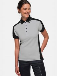 Graues Damen Arbeits Poloshirt mit schwarzen Kontrasteinsätzen und Vier-Loch-Knopfleiste – strapazierfähig und pflegeleicht für Handwerk, Pflege und Gastronomie.