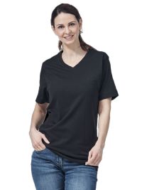 Schwarzes Damen T-Shirt mit V-Ausschnitt, tailliert, für Beruf & Freizeit