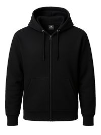 Schwarze Unisex Kapuzen-Sweatjacke, gerade geschnitten, mit Kängurutaschen und Kapuze