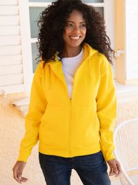 Gelbe Unisex Kapuzen-Sweatjacke, gerade geschnitten, mit Kängurutaschen und Kapuze