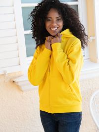 Gelbe Unisex Kapuzen-Sweatjacke, gerade geschnitten, mit Kängurutaschen und Kapuze