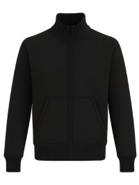 Schwarze Unisex Stehkragen-Sweatjacke, gerade geschnitten, mit Stehkragen und Seitentaschen