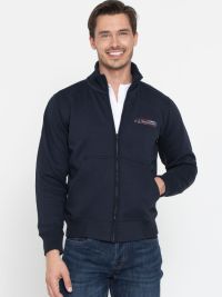 Marineblaue Unisex Stehkragen-Sweatjacke, gerade geschnitten, mit Stehkragen und Seitentaschen