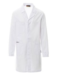 Weißer Laborkittel für Herren mit Reverskragen und Taschen, in großen Größen erhältlich