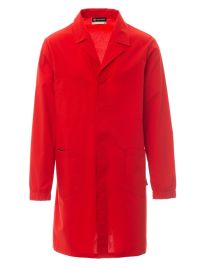 roter Herren Laborkittel mit Reverskragen, Taschen und verdeckter Knopfleiste