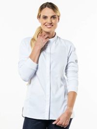 Weiße Damen Kochjacke mit taillierter Passform und elastischem Rücken – ideal für moderne Küchen und Gastronomie