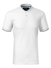 Weißes Herren Poloshirt ohne Kragen mit Kontraststreifen und Stehkragen in „Bomber“-Optik