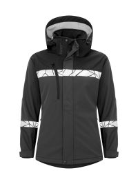 Graue Damen-Softshelljacke mit Reflektoren, sportlicher Passform und funktionalem Wetterschutz