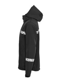 Schwarze Herren-Softshelljacke mit reflektierenden Details, Kapuze und Reißverschlusstaschen