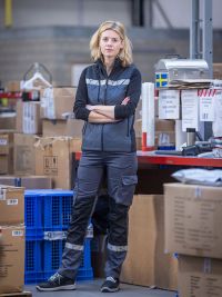 Graue Damen-Arbeitshose mit Reflektoren, funktionalem Schnitt und Cargotasche