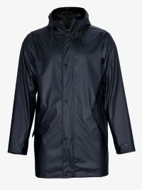 Dunkelblauer Regenmantel, mattes Finish, wasserdicht mit verschweißten Nähten und Kapuze