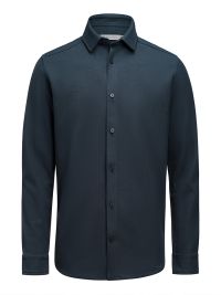Business-Casual Herrenhemd in Marine Blau aus Waffelstrick mit verdecktem Button-Down-Kragen