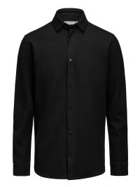 Business-Casual Herrenhemd in Schwarz aus Waffelstrick mit verdecktem Button-Down-Kragen