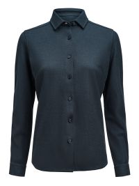 Taillierte Damenbluse in Marine Blau aus Waffelstrick mit verdecktem Button-Down-Kragen