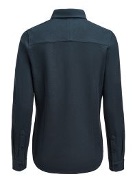 Taillierte Damenbluse in Marine Blau aus Waffelstrick mit verdecktem Button-Down-Kragen