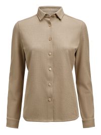 Taillierte Damenbluse in Beige aus Waffelstrick mit verdecktem Button-Down-Kragen