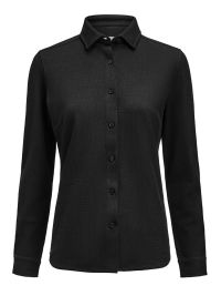 Taillierte Damenbluse in Schwarz aus Waffelstrick mit verdecktem Button-Down-Kragen