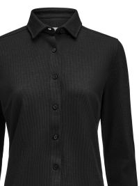 Taillierte Damenbluse in Schwarz aus Waffelstrick mit verdecktem Button-Down-Kragen