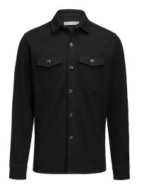 Unisex Overshirt in Schwarz aus Waffelstrick mit Brusttaschen und kontrastfarbenen Knöpfen