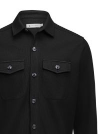 Unisex Overshirt in Schwarz aus Waffelstrick mit Brusttaschen und kontrastfarbenen Knöpfen