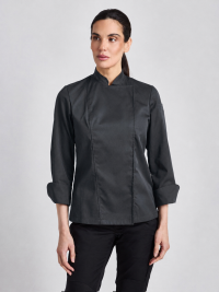 Graue Kochjacke Damen Fallon mit Stehkragen und verdeckter Druckknopfleiste