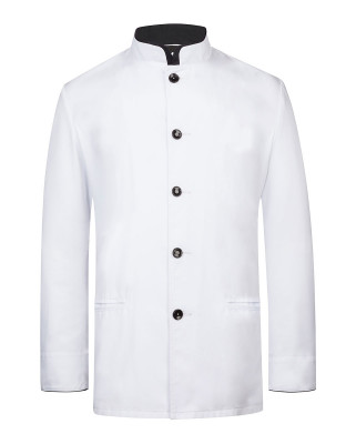 Herren-Servicejacke in Weiß mit schwarzem Kragen, Kontrastpaspeln und Knöpfen – ideal für Gastronomie, Bar oder Hotel