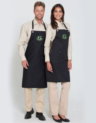 Schwarze Latzschürze für Damen und Herren mit verstellbarem Nackenband und praktischer Hüfttasche – ideal für Gastronomie, Service und Küche